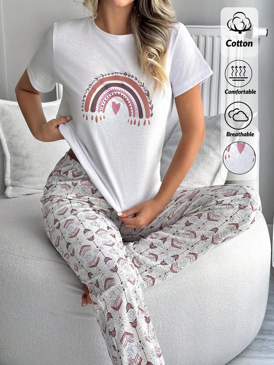 EURMUSE Ensemble de pyjama de détente en coton pour femmes grandes tailles, avec Top de pyjama à motif arc-en-ciel rétro et bas de pyjama long à motif rétro - Rouge foncé - Voir 1