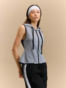 Hanevo Women's Mesh Stitching Casual Sleeveless Open Front Hooded Sweatshirt - Grey - View 4