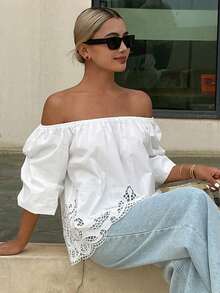 Livesso Women's Loose Solid Off Shoulder Long Sleeve Hollow Embroidered Casual Holiday Blouse Top, Summer Vacation Outfits Women - White - View 6