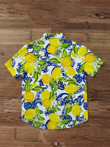 Manfinity Joysei 男士休闲度假柠檬水果印花衬衫，适合度假、外出、送朋友的礼物 - 黃色 - 查看 2