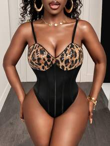 BamGleam Women's Summer Leopard Print Patchwork Bodysuit - Black - View 7