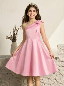 少女甜美粉色不对称肩部蝴蝶结连衣裙，优雅设计，适合度假、生日、家庭聚会、派对等各种场合，夏季必备 - 粉色 - 查看 7