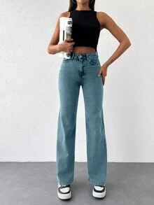 100%Cotton Solid Slant Pocket Casual Straight Leg Jeans - Baby Blue - View 3