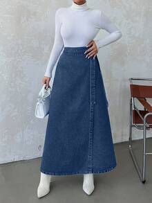 Women's Casual A-Line Denim Skirt For Everyday Wear, Autumn - Dusty Blue - View 3