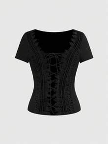 ROMWE Goth Sexy Backless Lace Patchwork Criss-Cross Tight Fit T-Shirt - Black - View 1