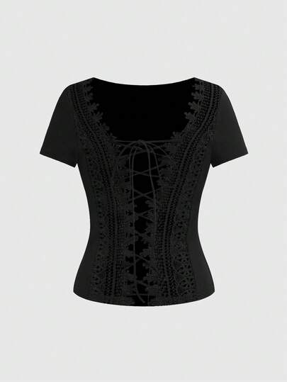 ROMWE Goth Sexy Backless Lace Patchwork Criss-Cross Tight Fit T-Shirt
