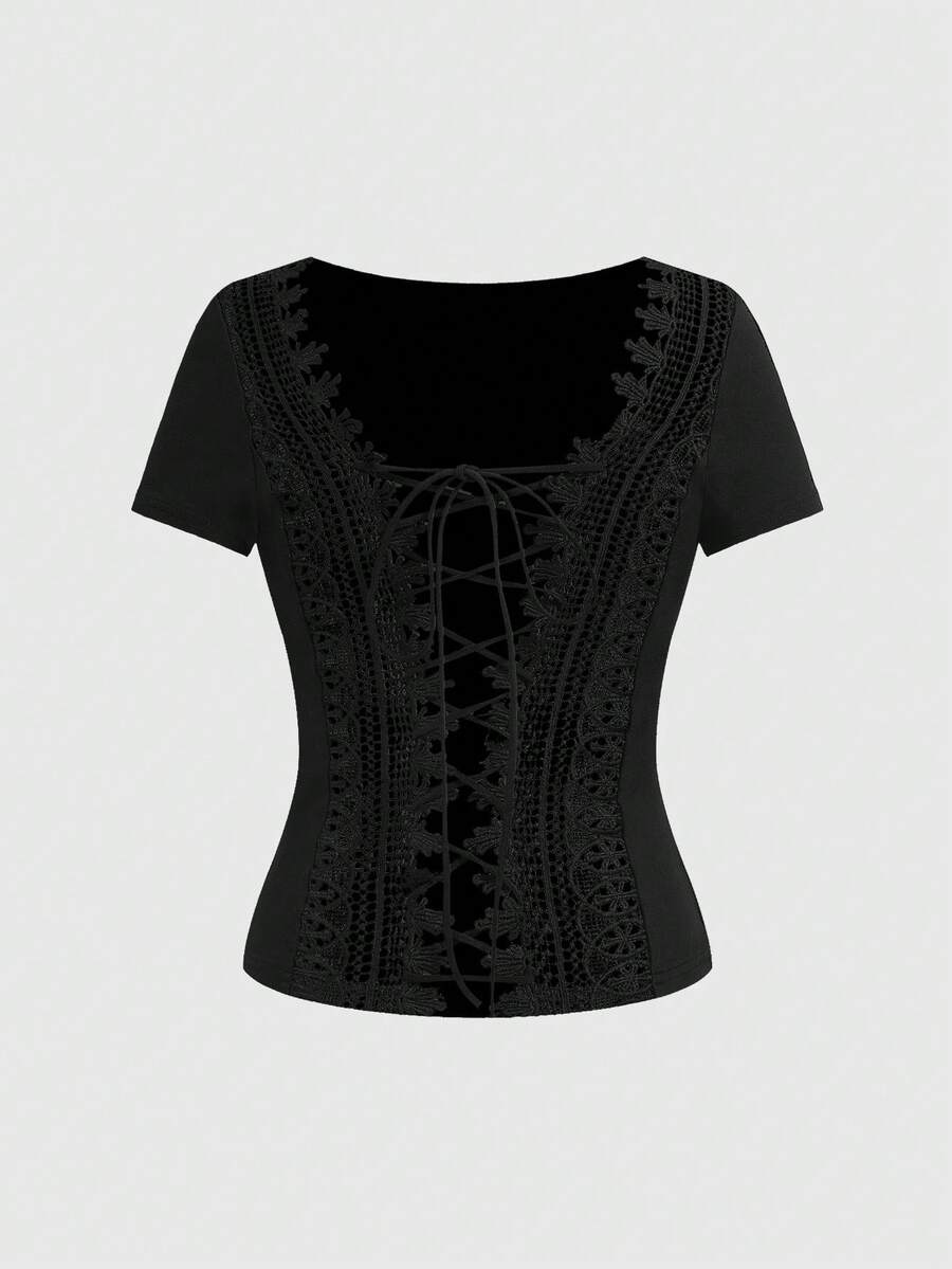 ROMWE Goth Sexy Backless Lace Patchwork Criss-Cross Tight Fit T-Shirt - Black - View 1