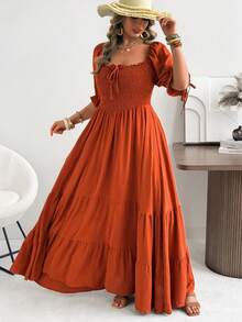 Ceyna Casual Boho Plus Size Long Maxi Dress Burnt Orange Raglan Half Sleeve Layered Tiered Woven Fabric For Women Holiday Picnic Summer - Burnt Orange - View 7