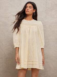 WESTFADE 100% Embroidered Striped Cotton Round Neck Puff Sleeve Pleated Loose Fit Babydoll Mini Dress - Yellow - View 4