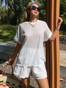 DAZY Women's Hollow Out T-Shirt 2 Pieces Set, Spring/Summer - White - View 4