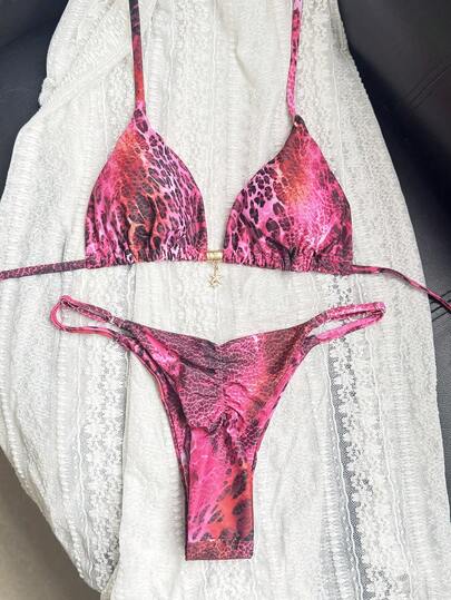 Swim Mod Springbreak Women's Random Print Halter Metal Decor Sexy Bikini Swimsuit Set, Summer Beachwear