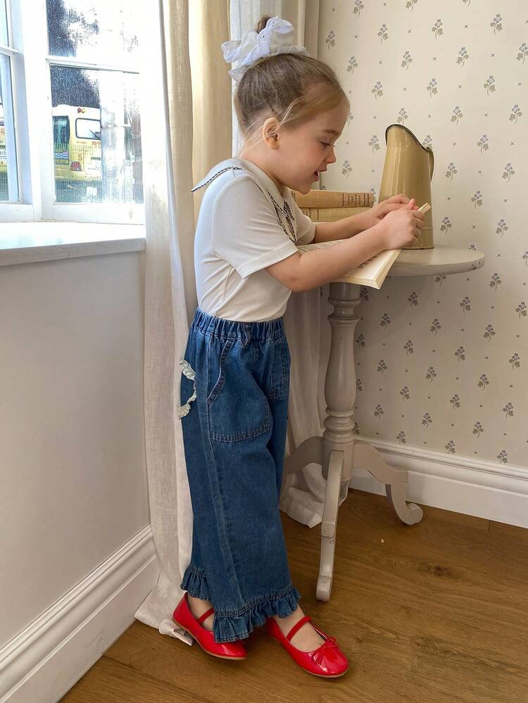 Young Girl' Vintage Denim Jeans With Collar, Heart & Ruffle Trim, Korean Style