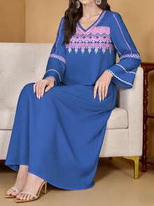 SHEIN Najma Women's Wavy Floral Retro Print V-Neck Long Sleeve Elegant Arabic Style Maxi Dress, Spring/Summer - Multicolor - View 5