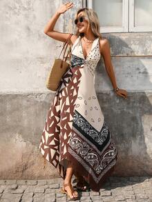 SHEIN Holidaya Women's Deep V-Neck Adjustable Strap Asymmetrical Hem Vintage Print Dress - Multicolor - View 1