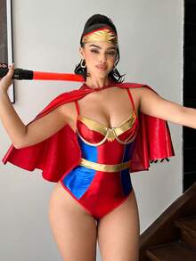 3 piezas Traje de superhéroe con revestimiento metálico reflectante con aros, conjunto de lencería de club ajustante con parches para fiesta - Multicolor - Ver 4