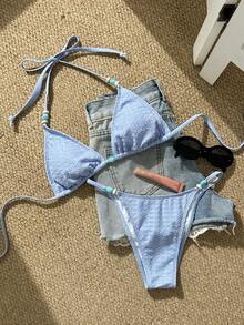 Swim Mod Women's Blue Textured Fabric Halter Triangle Top & V-Shape Bottom Bikini Set, Beach/Swimwear, Spring/Summer - Blue - View 3