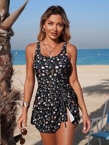 Swim Vcay Women's Adjustable Spaghetti Strap Drawstring Waist Side Slit Printed Swimsuit Dress - Multicolor - View 7