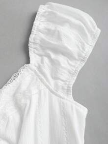 Sweetra 甜美辛辣纯色蕾丝边V领蝴蝶结修身100%纯棉夏季女式衬衫 - 白色 - 查看 6