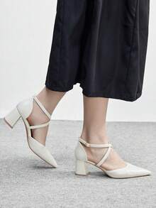 CUCCOO BIZCHIC 女鞋 女士尖头粗跟中跟米色交叉绑带镂空女式高跟鞋 时尚舒适通勤商务百搭女式镂空鞋 - 米色PU - 查看 5