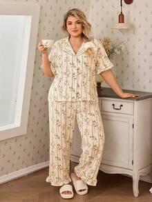 CottageSlumber Bộ đồ ngủ nữ cỡ lớn họa tiết kẻ sọc và hoa, tay ngắn, cổ bèo nhún, kiểu dáng lãng mạn. - Màu be - Xem 6