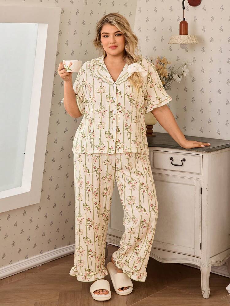 CottageSlumber Striped & Floral Print Plus Size Women Romantic Ruffle Collar Short Sleeve Pajama Set Plus Size Pajama Set - Apricot - View 6