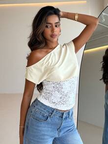 Aloruh 女士性感优雅单肩修身蕾丝拼接纯色上衣 - 杏色 - 查看 9