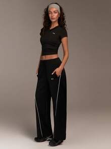 Menodora SHEIN Sport 女士系带腰带口袋阔腿宽松休闲裤 - 黑色 - 查看 6
