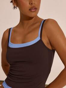 MUSERA 双层吊带方领吊带背心，度假波西米亚风，伊比沙岛风情，优雅可爱，春夏复活节假期机场休闲风。 - 藍色 - 查看 3