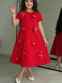 SHEIN Tween Girl Elegant Red Floral Summer Party Dress, Fashionable Round Neck Short Sleeve Red Dress With Flowers For Tween Girl, Party Wear Dress - Burgundy - View 5