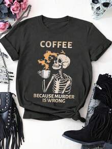 EMERY ROSE Áo thun cổ tròn tay ngắn cỡ lớn in hình chữ cái Skull Coffee - Màu xám đen - Xem 3