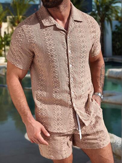 VENTUSAIL Men's Summer Casual Vacation Solid Color Jacquard Mesh Hollow Short Sleeve Shirt And Drawstring Waist Shorts Set