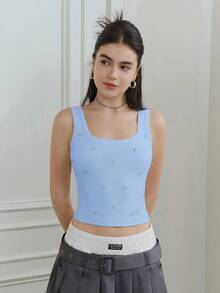 SHEIN MOD Top corto de verano con ajuste ceñido, decoración de strass, para uso casual, diario y de calle - Azul - Ver 3