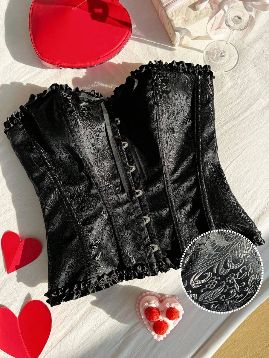 SHEIN EZwear Plus-Size Women's Jacquard Front-Button Ruffle Bow Embellishment Valentine's Day, Date, Fashionable Strapless Fishtail Top - Black - View 1