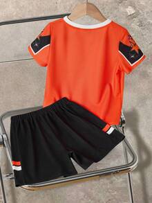 MTV | SHEIN 2pcs/Set Young Boy Colorblock V-Neck Animal Print Short Sleeve T-Shirt And Shorts Set - Orange - View 2