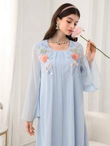 Yasmyna 3D Beaded Collar Floral 2 In 1 Blue Arabic Maxi Dress - Blue - View 8