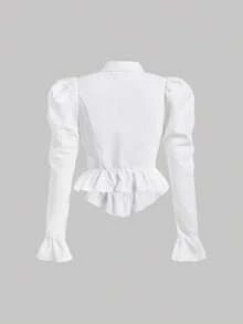 SHEIN MOD Áo kiểu dáng cỡ lớn tay loe, viền bèo nhún, tay phồng, màu trắng, eo thon. - trắng - Xem 2