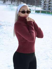 salliqueen Women's Burgundy Turtleneck Long Sleeve Fitted Sweater, Autumn/Winter,Christmas Sweater Women,Red Top,Christmas Sweater - Burgundy - View 6