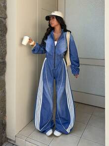 StreetHx Women's Minimalist Daily Wear Long Sleeve Denim Bib Pants And Jumpsuit - Blue - View 1