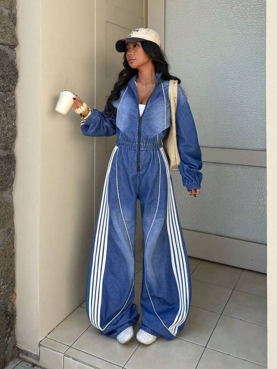 StreetHx Women's Minimalist Daily Wear Long Sleeve Denim Bib Pants And Jumpsuit - Blue - View 1