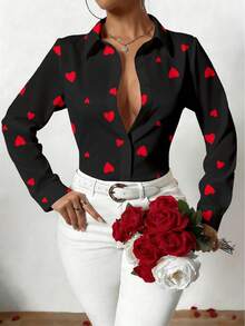EMERY ROSE 女士优雅长袖衬衫，红色爱心印花 - 黑色上衣，适合春夏穿着，可机洗，百搭休闲及正式场合，俏皮图案，不透明面料 - 彩色 - 查看 3