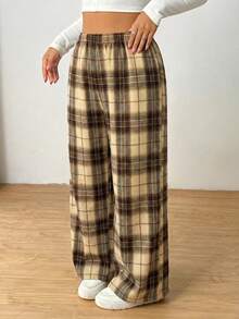 SHEIN EZwear 加大码女式黑白格子弹力腰带口袋阔腿休闲宽松裤，卡其色 - 卡其色 - 查看 3