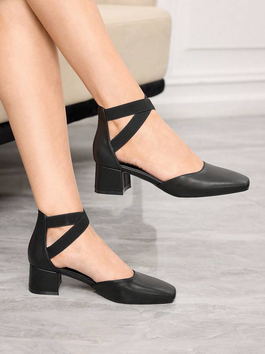 Sleekvia Giày nữ mũi tròn, gót dày, màu đen, kiểu dáng thời trang, khoét rỗng, quai co giãn, thanh lịch, đa năng, thoải mái, phù hợp cho công sở. - Than chì đen - Xem 1