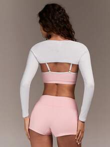 Menodora SHEIN Sport 透气轻盈女士时尚纯色百搭长袖披肩上衣，吸汗速干面料，适合瑜伽、健身房锻炼、夏季假期、情人节、休闲场合、女士运动服，粉色健身，粉色瑜伽 - 白色 - 查看 3