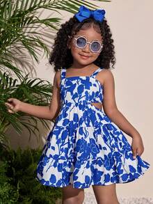 Young Girl Summer New Chiffon Blue Floral Hollow Back Bow Strap Dress, Suitable For Beach, Vacation, Outdoor Trips - Blue - View 5