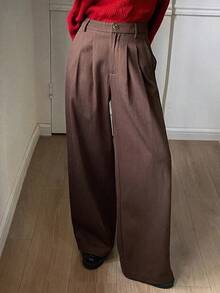 DAZY 女士宽松阔腿裤，休闲街头风，秋冬款 - 棕色 - 查看 3