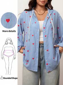 Enliva Camisa con detalles de corazón a rayas azul y blanco para mujer de talla grande, camisa con capucha de manga larga y abotonadura, camisa holgada con capucha - Azul y blanco - Ver 1
