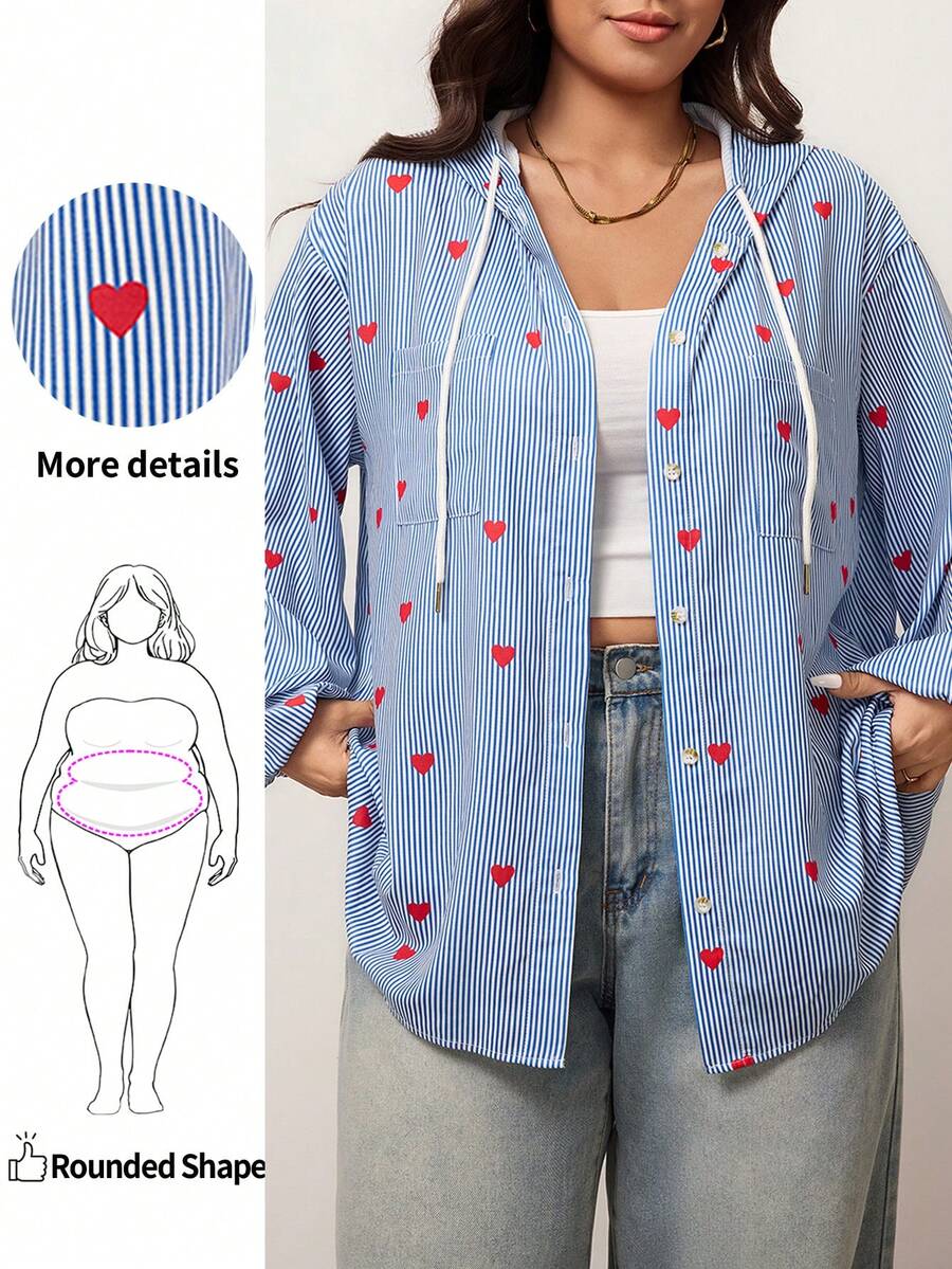 Enliva Camisa con detalles de corazón a rayas azul y blanco para mujer de talla grande, camisa con capucha de manga larga y abotonadura, camisa holgada con capucha - Azul y blanco - Ver 1