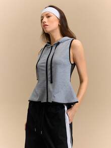 Hanevo Women's Mesh Stitching Casual Sleeveless Open Front Hooded Sweatshirt - Grey - View 5