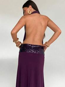 Aloruh 女士性感亮片拼接露背吊带连衣裙 - 紫色 - 查看 6