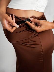 MaterniChic 秋季孕妇优雅纯色褶裥A字裙 - 摩卡棕 - 查看 5